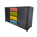 Industrial Matte Black Metal Credenza with Multi-Colored Trunk Drawers