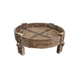 Artisanal Hand-Carved Rustic Round Bajot Coffee Table