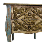 Artisan Carved Bohemian Nightstand in Distressed Blue & Gold
