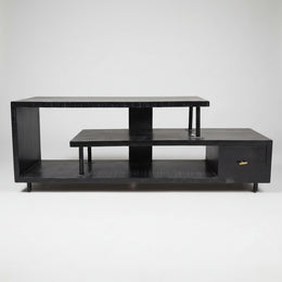 Industrial Style Matte Black Multi-Tiered Wooden TV Console