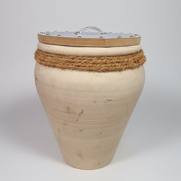 Rustic Ceramic White Pot with White-Natural Wood Lid