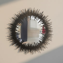 Mid-Century Modern Black Metal Sunburst Round Wall Mirror