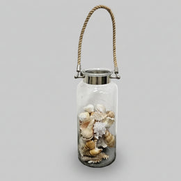Coastal Nautical Glass Lantern Jar Filled with Natural Seashells