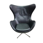 Arne Jacobsen Style Black Leather Egg Swivel Lounge Chair