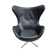 Arne Jacobsen Style Black Leather Egg Swivel Lounge Chair