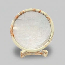 Sculptural Swirling Marble Round Tabletop Mirror with Matching Stand