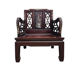 Hand-Carved Oriental Rosewood Armchair with Mother-of-Pearl Inlay