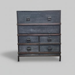 Pottery Barn Industrial Ludlow Black Leather Steamer Trunk Secretary Desk