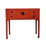 Vibrant Crimson Oriental Console Table with Classic Brass Hardware