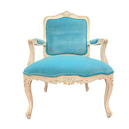 Refined French Provincial Style Sky Blue Velvet Carved Armchair