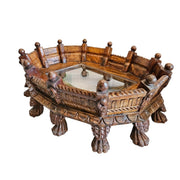 Rustic Hand-Carved Wooden Centre Table with Glass Insert