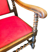 Grand Carved Oak Velvet Barley Twist Antique Armchair