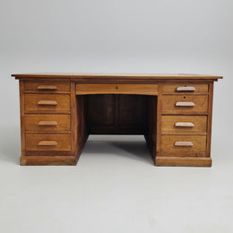 Mid-Century Double Pedestal Solid Oak Executive Desk