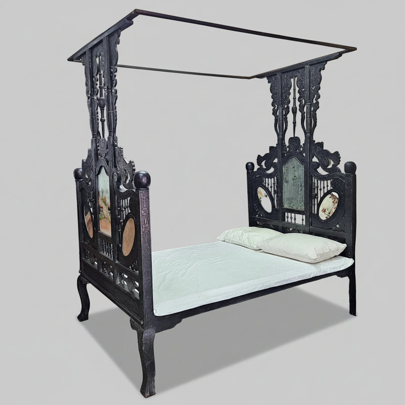 Heritage Sindhi Hand-Carved Solid Wood Four-Poster Antique Bed