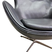 Arne Jacobsen Style Black Leather Egg Swivel Lounge Chair