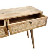 Mid-Century Style Mango Wood and Woven Cane Console Table