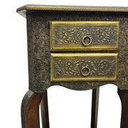 Vintage Style Brass Embossed Two Drawer Tall Side Table