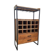 Industrial Solid Timber and Iron Freestanding Bar Cabinet with Wine Rack