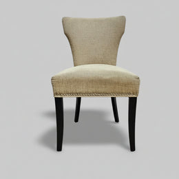 Sophisticated Beige Fabric Studded Backrest Wooden Dining Accent Chair