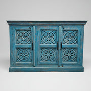 Detailed Mandala Carved Blue Distressed Wood Three Door Sideboard