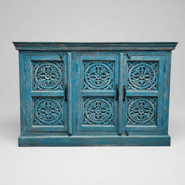 Detailed Mandala Carved Blue Distressed Wood Three Door Sideboard
