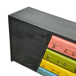 Industrial Matte Black Metal Credenza with Multi-Colored Trunk Drawers