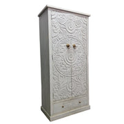 Hand-Carved Mandala Wooden Cabinet in Distressed White
