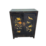 Vintage Oriental Black Lacquered Raised Relief Accent Cabinet