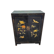Vintage Oriental Black Lacquered Raised Relief Accent Cabinet