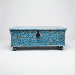 Bohemian Indian Style Blue Distressed Carved Wood Storage Trunk