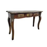 Vintage Brass-Inlay Wooden Console Table