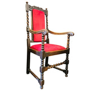 Grand Carved Oak Velvet Barley Twist Antique Armchair