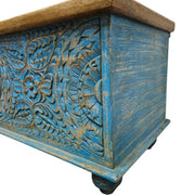 Indian Vintage Hand-Carved Blue Patina Wooden Storage Trunk