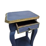 Vintage Indigo Hand-Painted Side Table with Gold Accents
