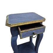 Vintage Indigo Hand-Painted Side Table with Gold Accents