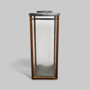 Tall Industrial Metal Wood and Glass Storm Lantern Candle Holder