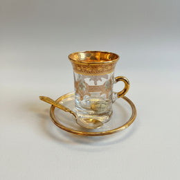 Murano 1980s Vintage Gilded Glass Turkish Tea Cup Saucer and Spoon Set