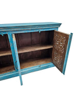 Detailed Mandala Carved Blue Distressed Wood Three Door Sideboard