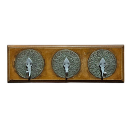 Rustic Timber Wall Mounted Coat Rack with Embossed Metal Medallions