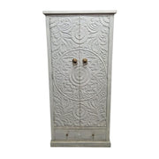 Hand-Carved Mandala Wooden Cabinet in Distressed White