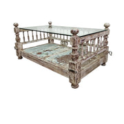 Charaka Style Distressed Wood and Glass Top Coffee Table