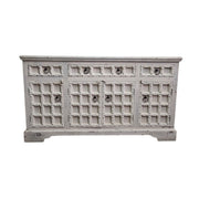 Hand-Carved Whitewashed Wooden Rustic Sideboard