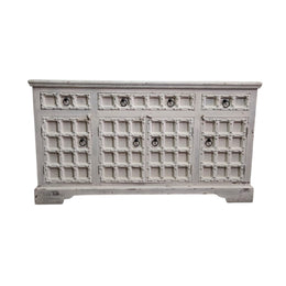Hand-Carved Whitewashed Wooden Rustic Sideboard