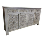 Handcrafted Distressed Grey Carved Floral Solid Wood Sideboard