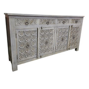 Handcrafted Distressed Grey Carved Floral Solid Wood Sideboard