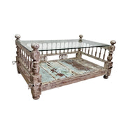 Charaka Style Distressed Wood and Glass Top Coffee Table