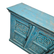 Detailed Mandala Carved Blue Distressed Wood Three Door Sideboard