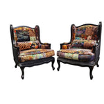 THE One Patchwork Velvet Black Wood Wingback Armchair