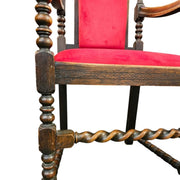 Grand Carved Oak Velvet Barley Twist Antique Armchair