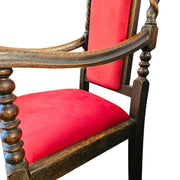 Grand Carved Oak Velvet Barley Twist Antique Armchair